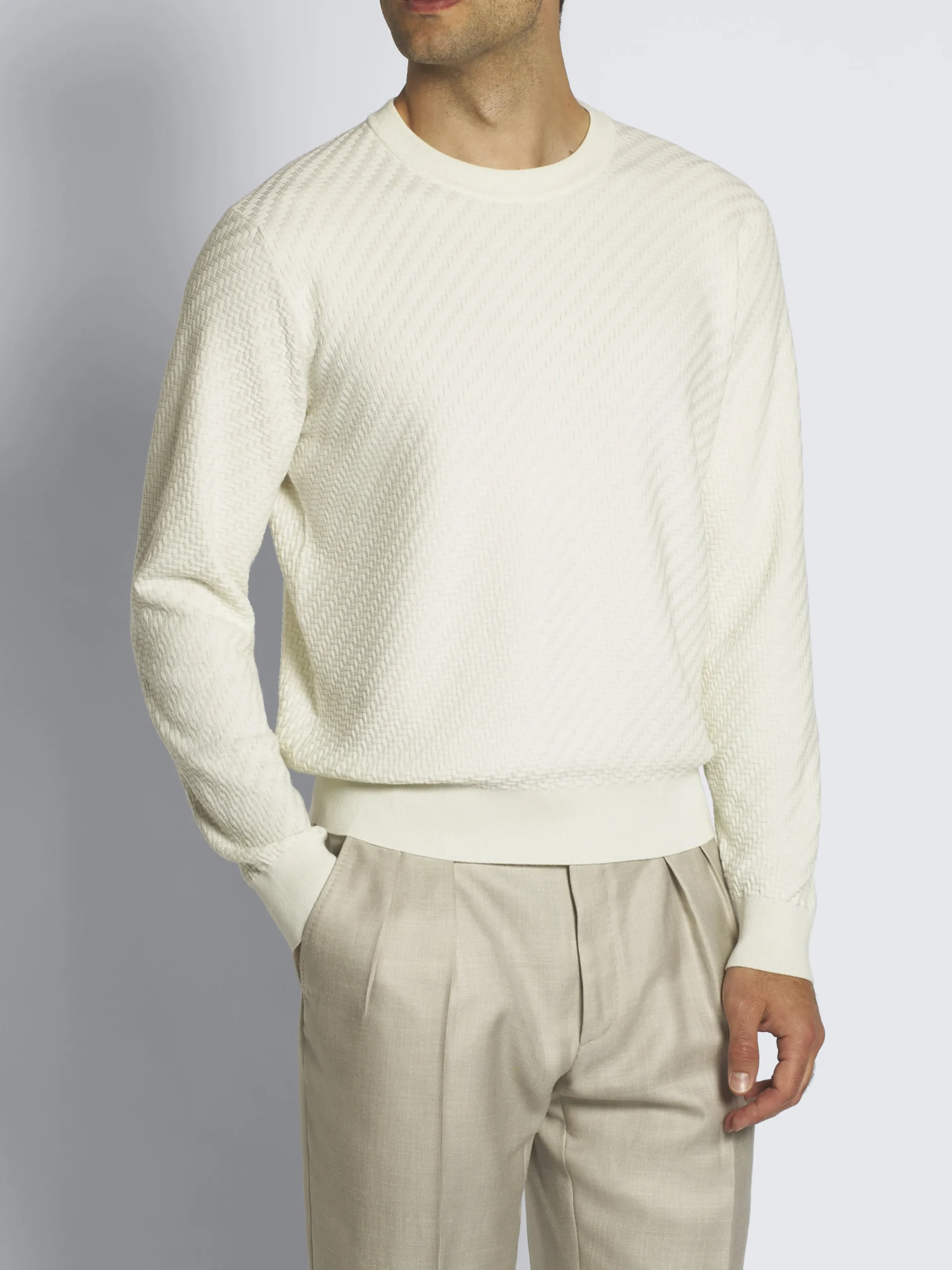 Ivory white organic cotton, silk and cashmere Trama weave crewneck sweater