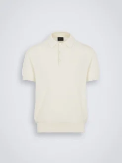 Ivory white organic cotton, silk and cashmere Trama weave polo