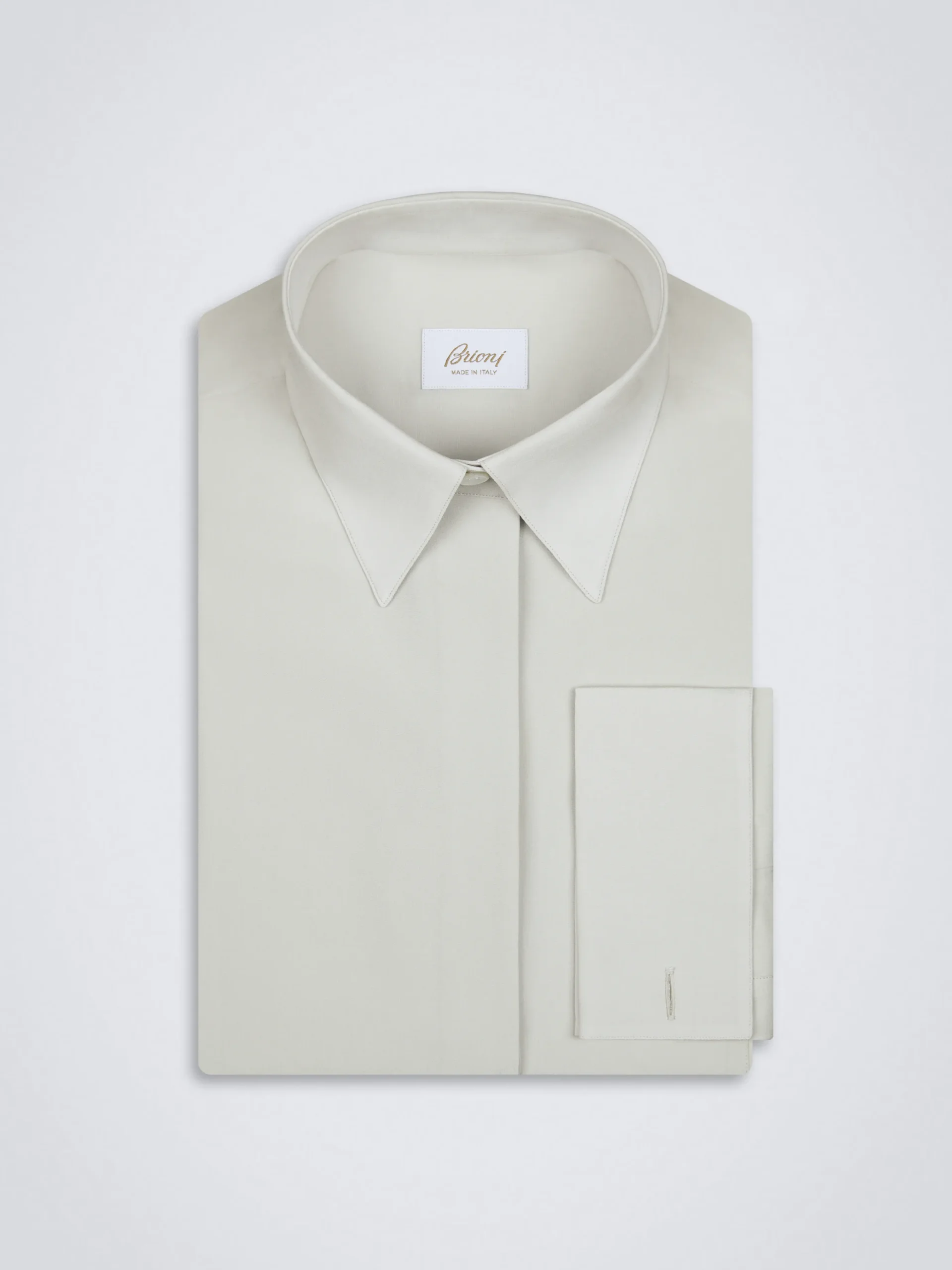 Ivory white silk French cuff evening shirt with plastron