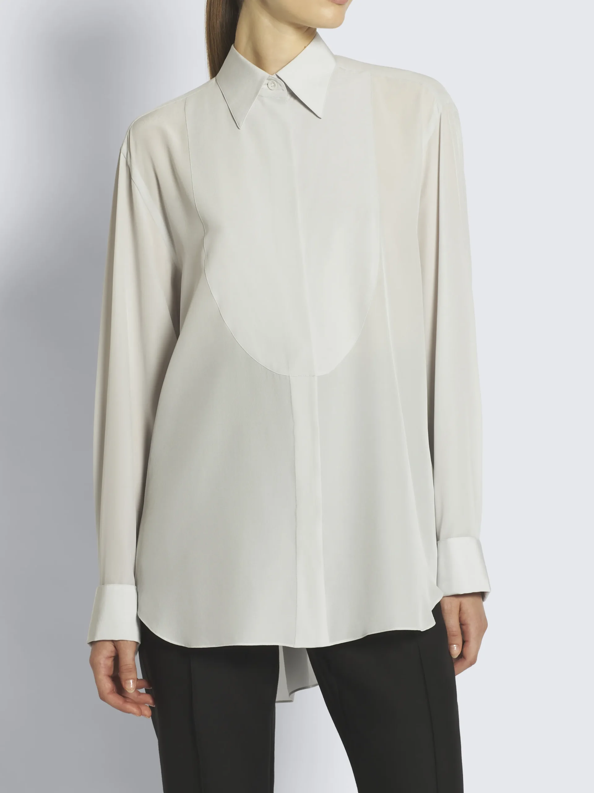 Ivory white silk French cuff evening shirt with plastron