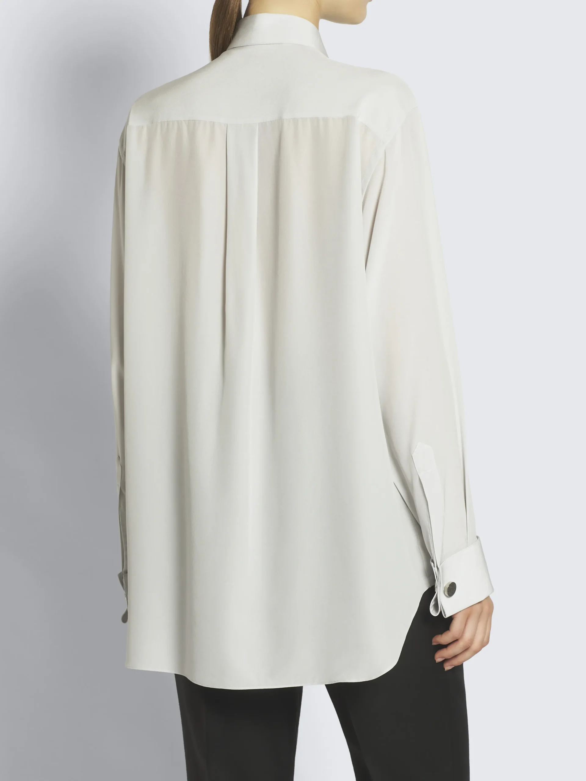 Ivory white silk French cuff evening shirt with plastron
