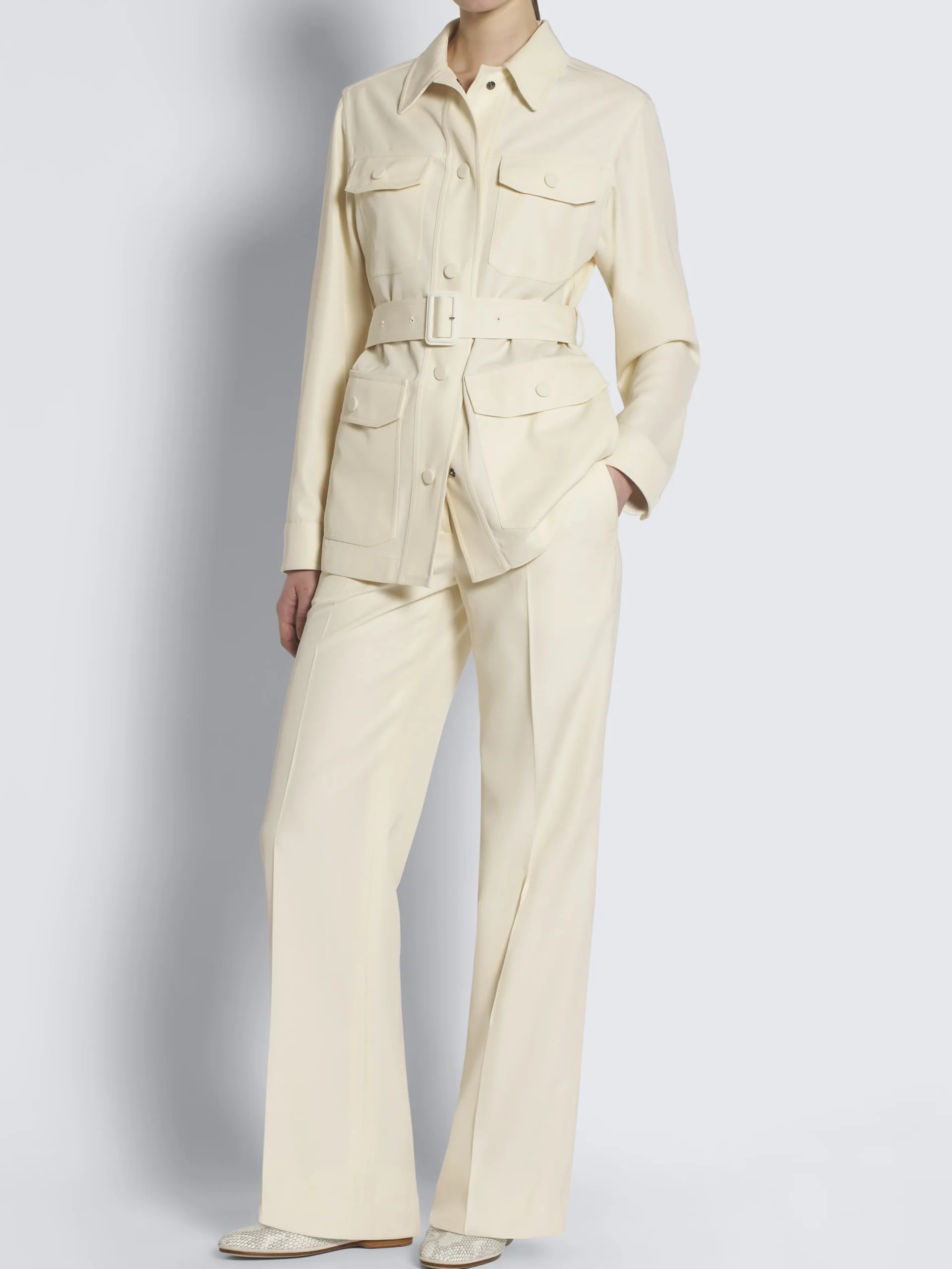 Ivory white silk gabardine sahariana jacket