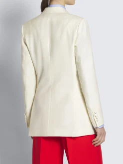 Ivory white wool, silk and linen herringbone double-breasted Flavia jacket