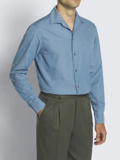 Light blue cotton denim Capri collar shirt