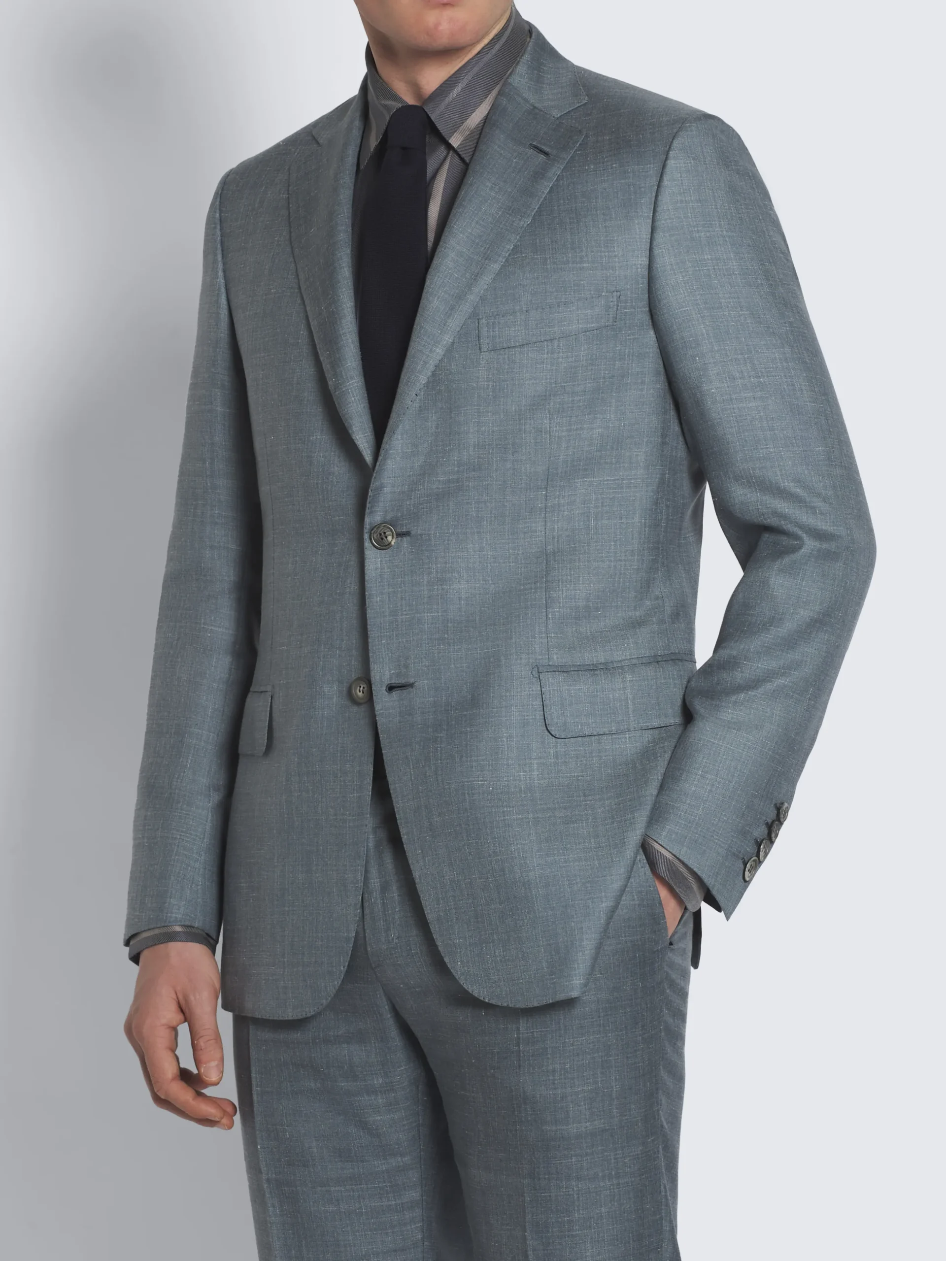 Light blue silk, cashmere and linen slab twill Ravello jacket