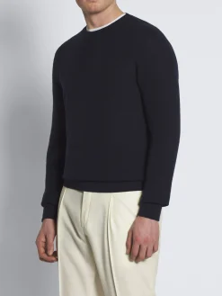 Midnight blue vicuña and cotton crewneck sweater