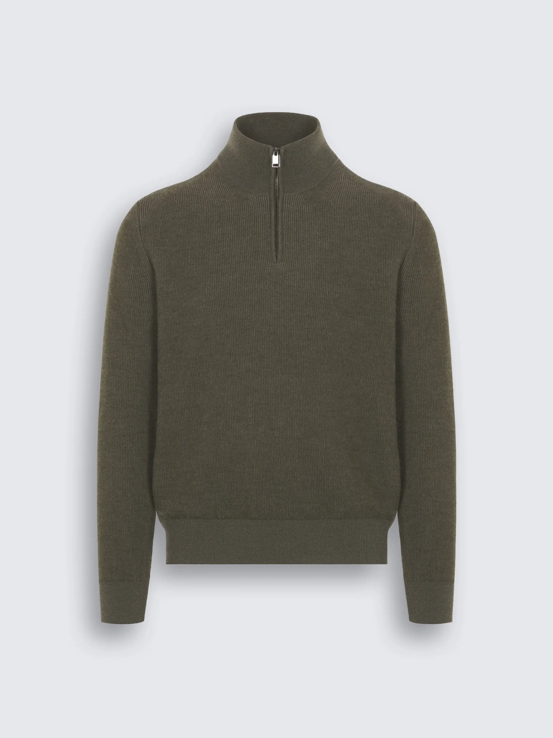 Military green and taupe cashmere and wool half-zip mockneck sweater