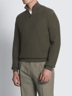 Military green and taupe cashmere and wool half-zip mockneck sweater