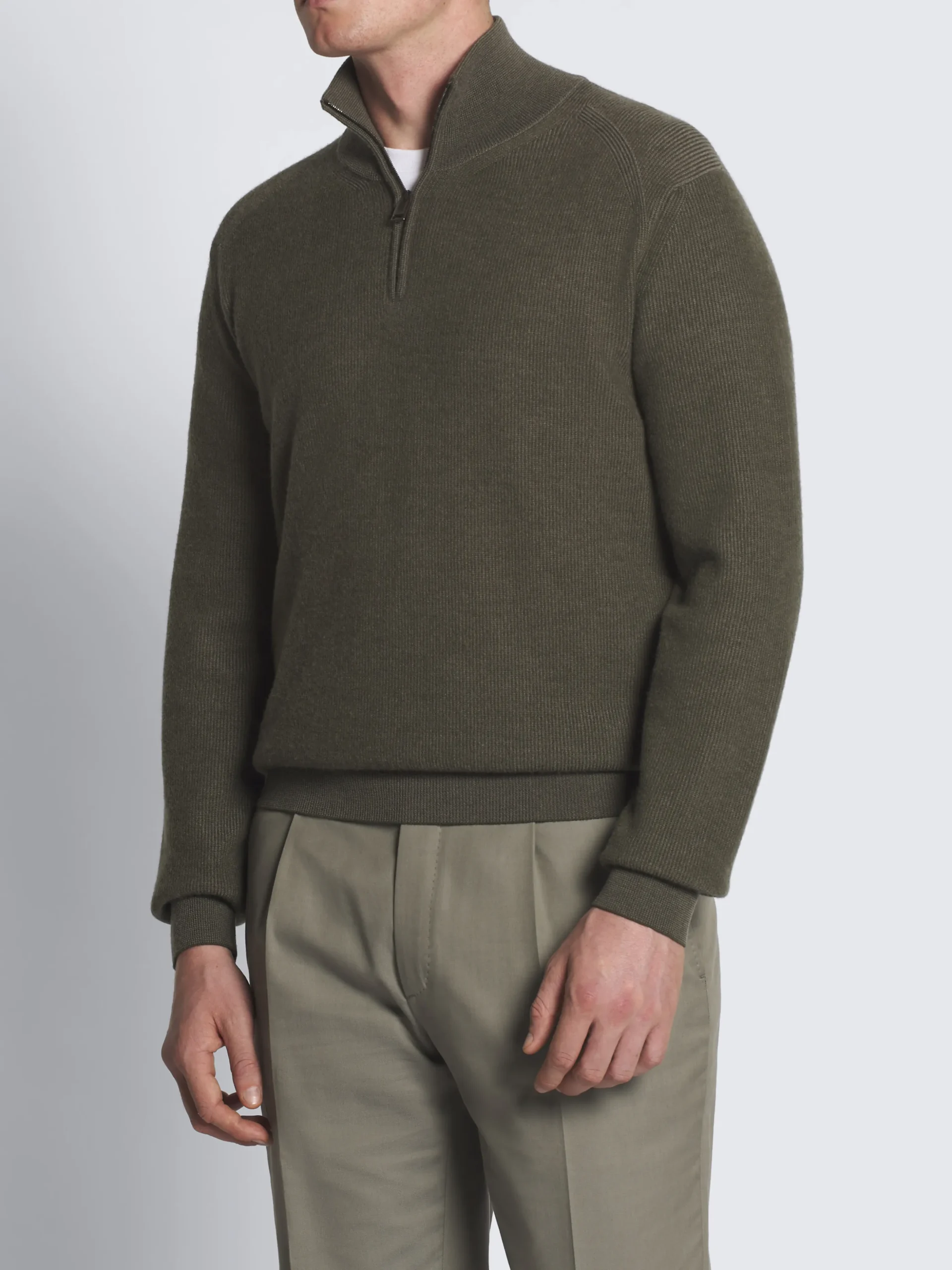 Military green and taupe cashmere and wool half-zip mockneck sweater