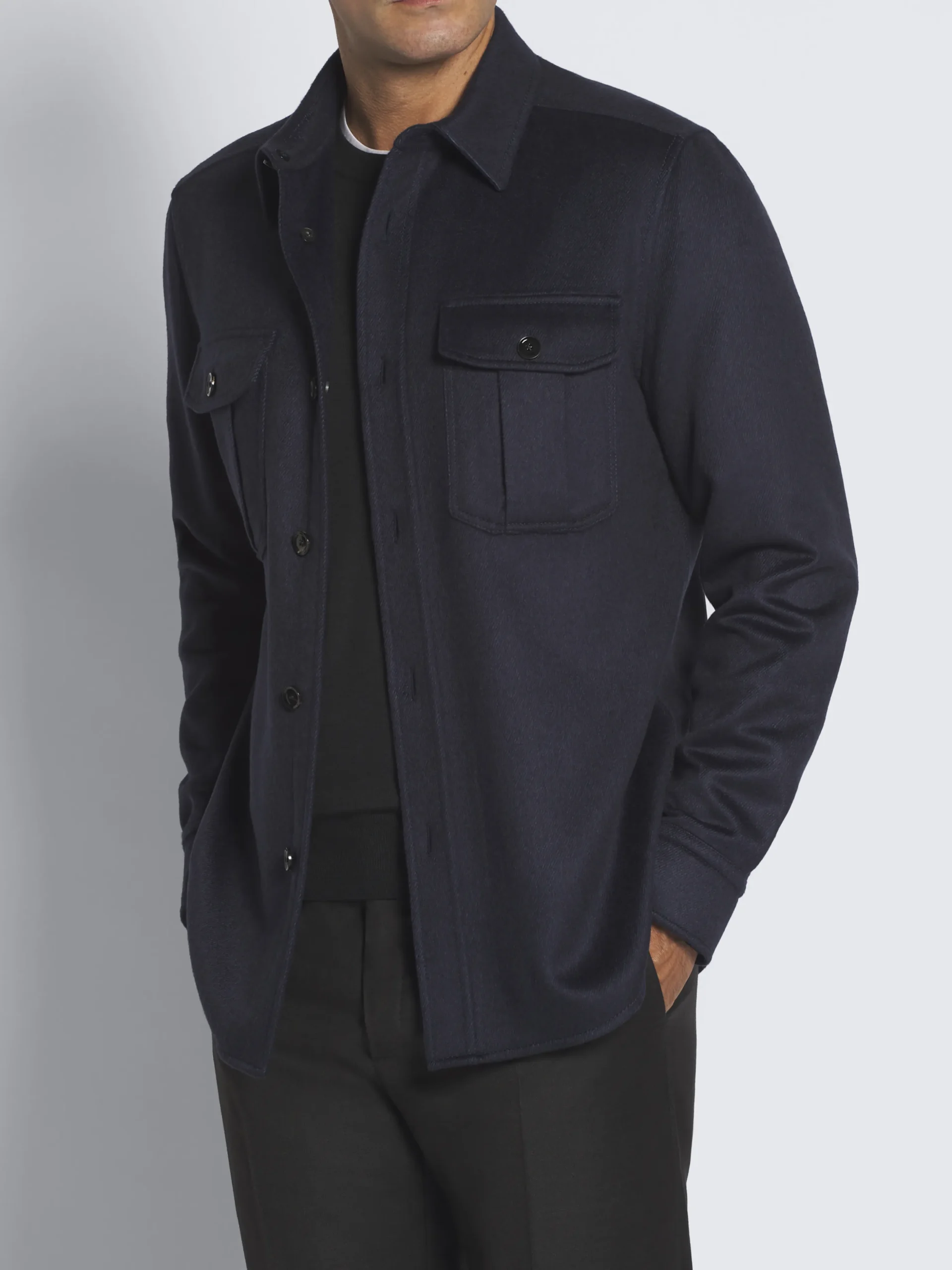 Navy blue cashmere, silk and vicuña Vagabond overshirt