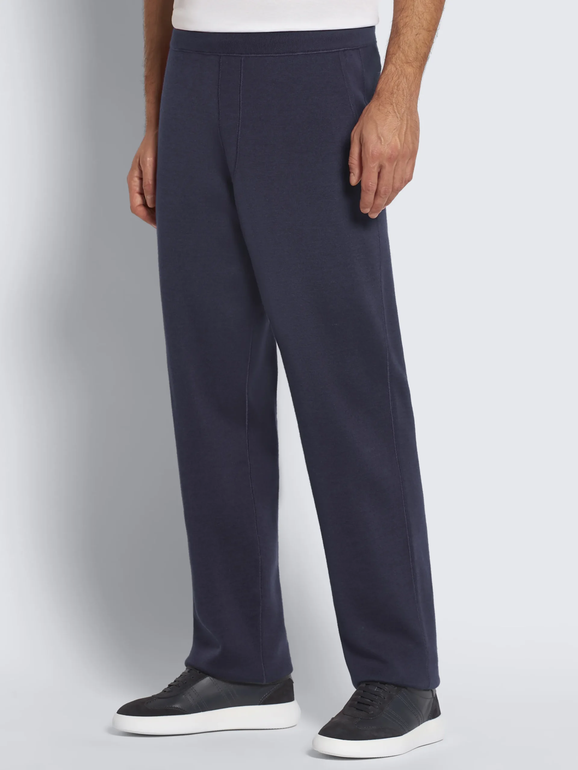 Navy blue cotton, cashmere and silk knit trousers