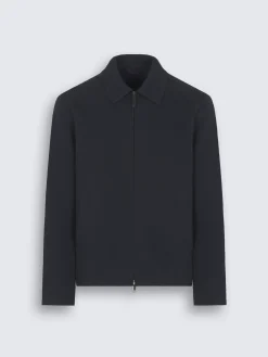 Navy blue double-splittable vicuña and cashmere jersey shirt collar blouson