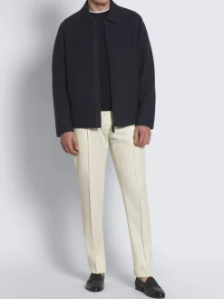 Navy blue double-splittable vicuña and cashmere jersey shirt collar blouson