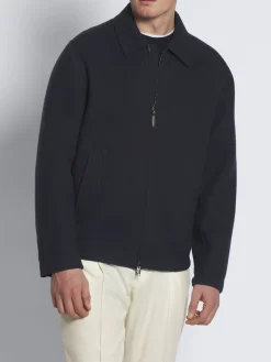 Navy blue double-splittable vicuña and cashmere jersey shirt collar blouson