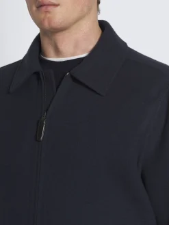 Navy blue double-splittable vicuña and cashmere jersey shirt collar blouson