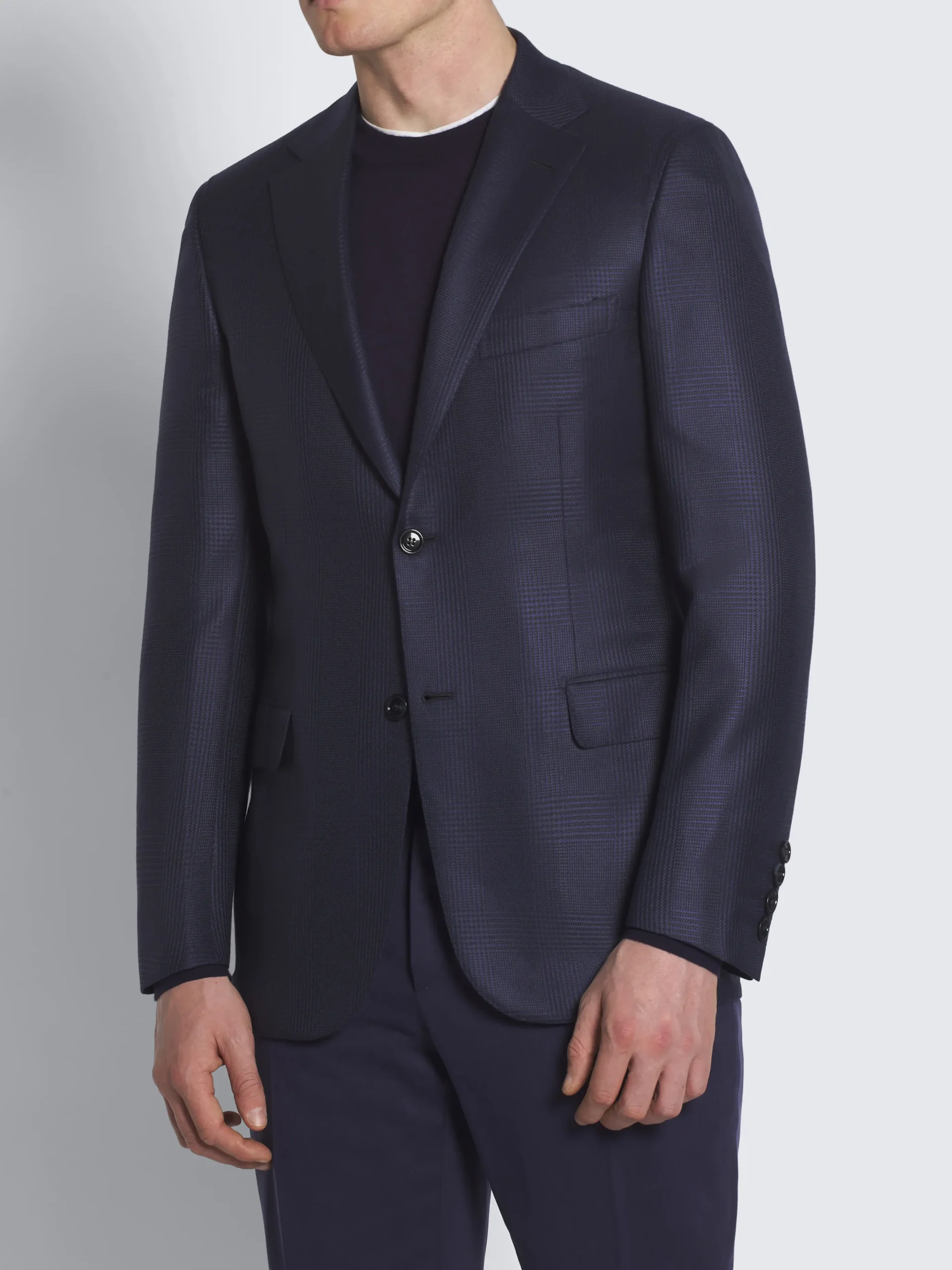 Navy blue glen plaid wool and silk Ravello jacket