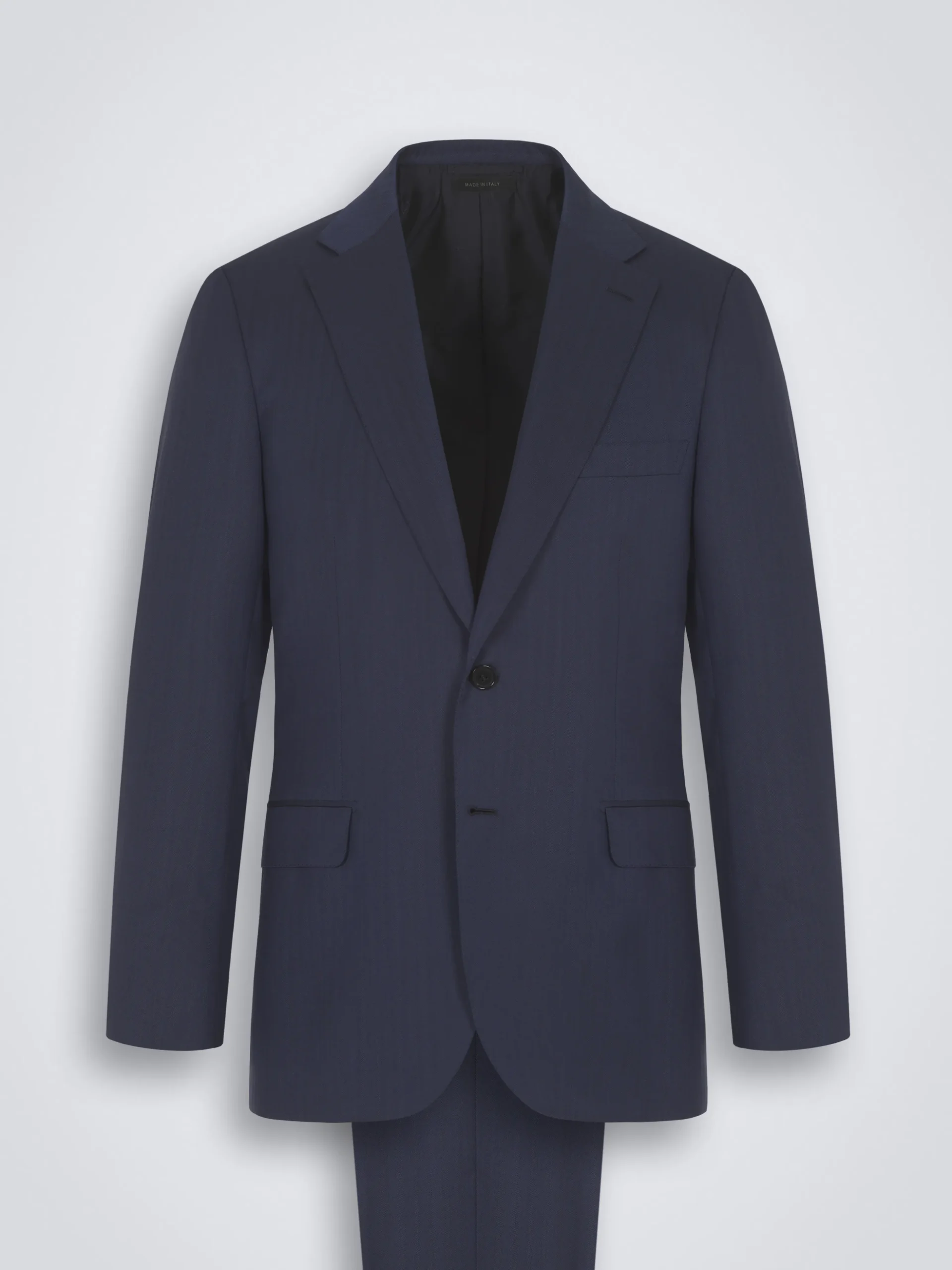 Navy blue herringbone Super 150's responsible wool Brunico suit
