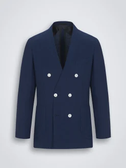 Navy blue linen, wool and silk double-breasted Jardigan