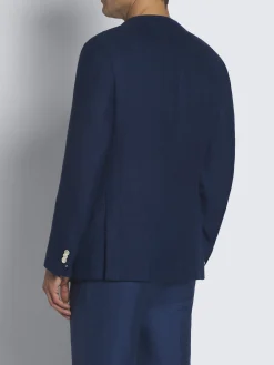 Navy blue linen, wool and silk double-breasted Jardigan