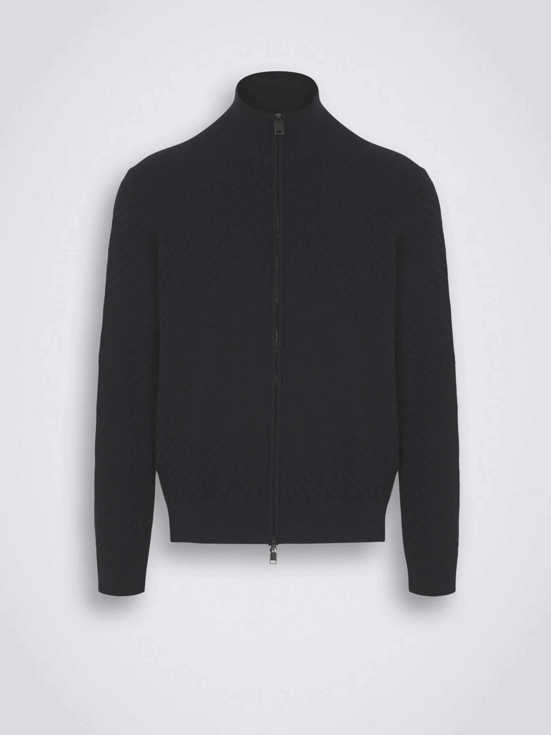 Navy blue organic cotton, silk and cashmere Trama weave full-zip sweater