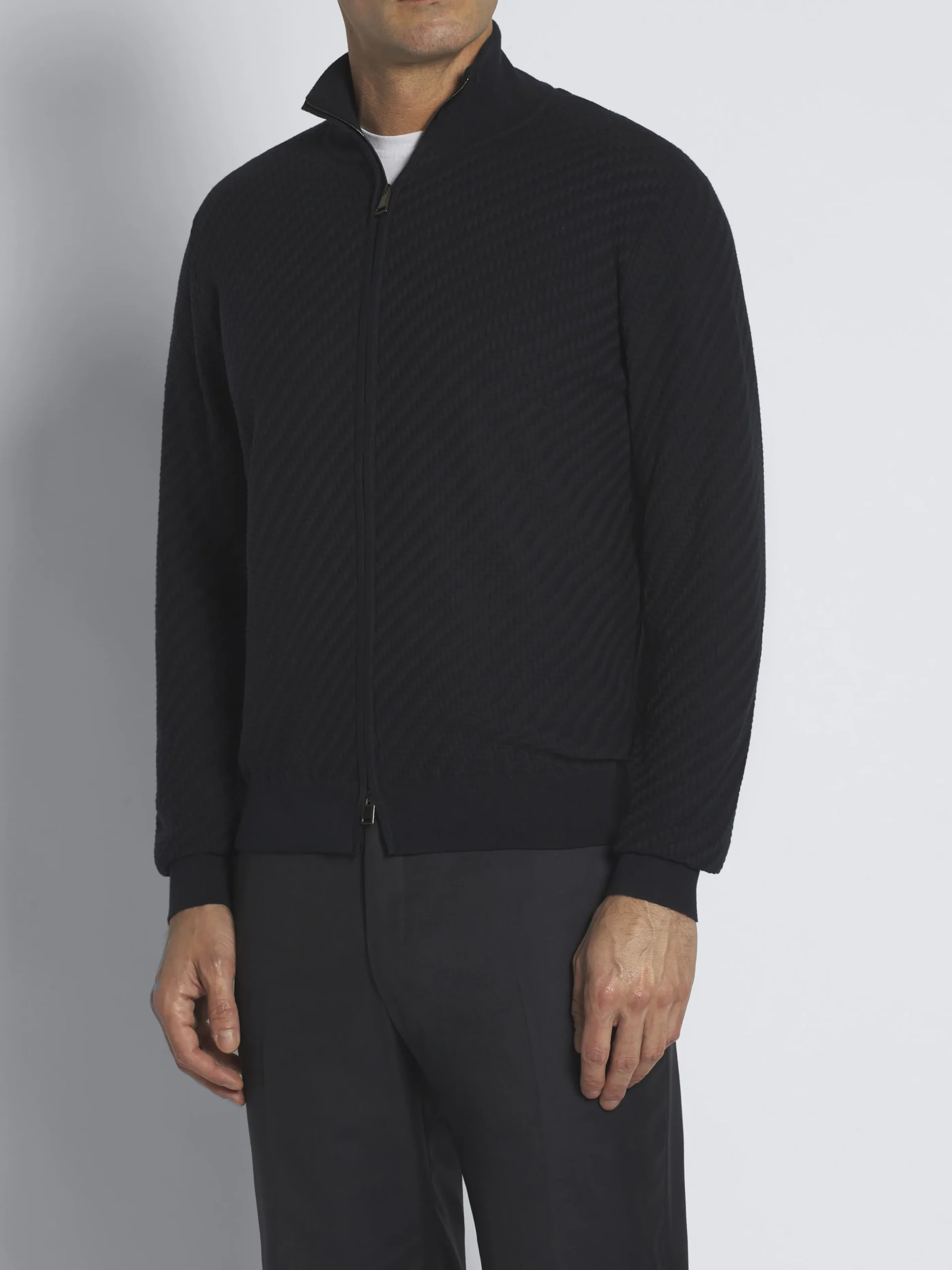 Navy blue organic cotton, silk and cashmere Trama weave full-zip sweater