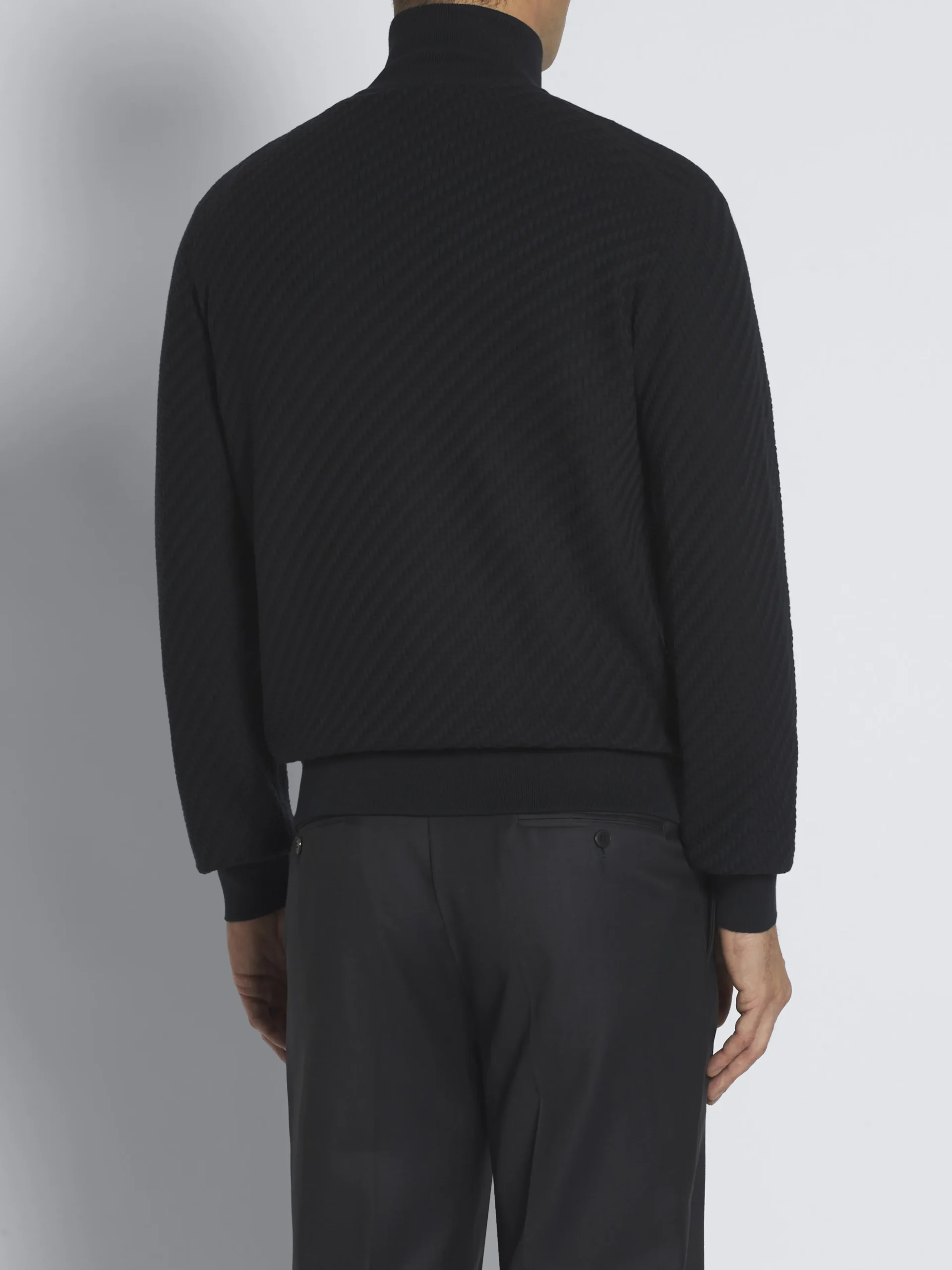 Navy blue organic cotton, silk and cashmere Trama weave full-zip sweater