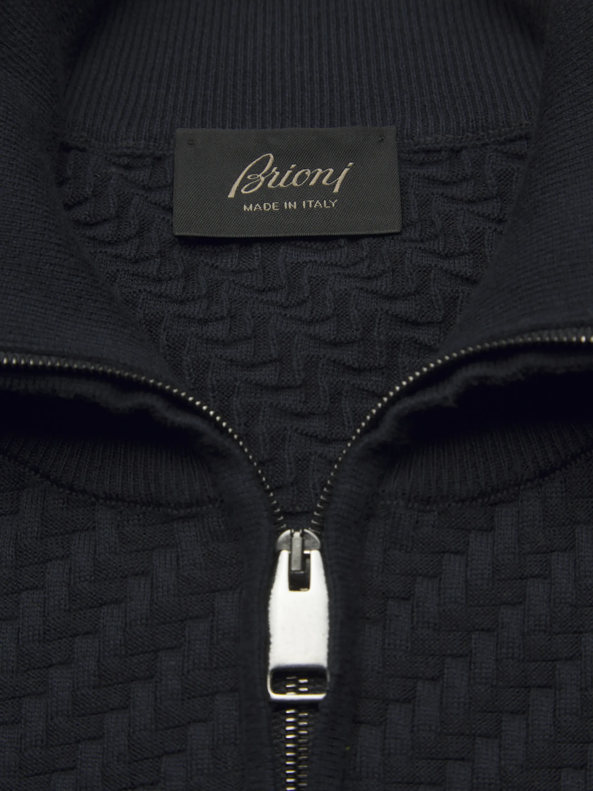 Navy blue organic cotton, silk and cashmere Trama weave full-zip sweater