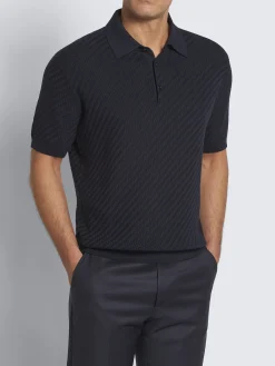Navy blue organic cotton, silk and cashmere Trama weave polo