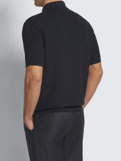 Navy blue organic cotton, silk and cashmere Trama weave polo