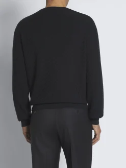 Navy blue organic cotton, silk and cashmere Trama weave crewneck sweater