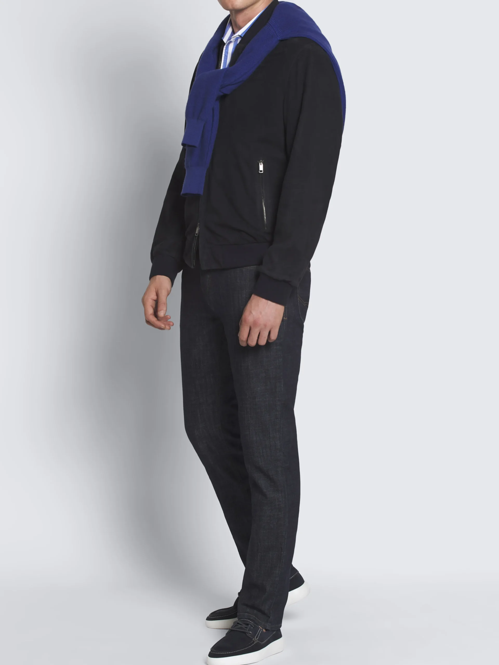Navy blue perforated suede bomber