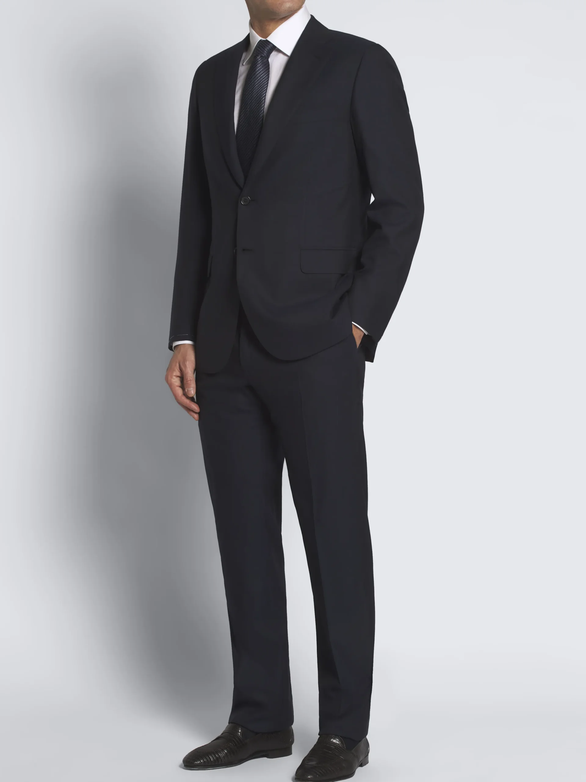 Navy blue pinstriped Super 210's wool Brunico suit