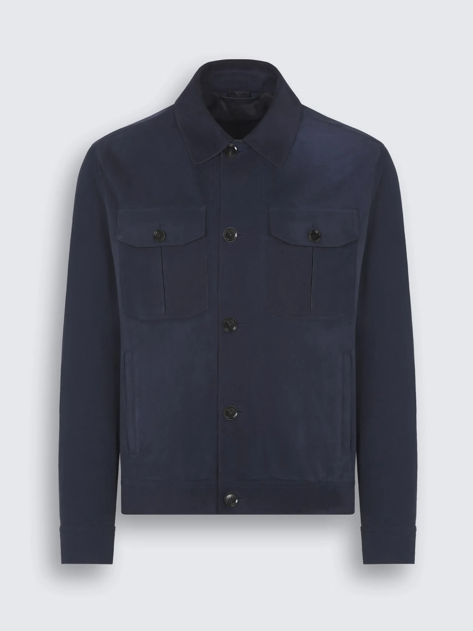 Navy blue suede and linen shirt collar blouson