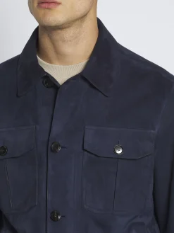Navy blue suede and linen shirt collar blouson