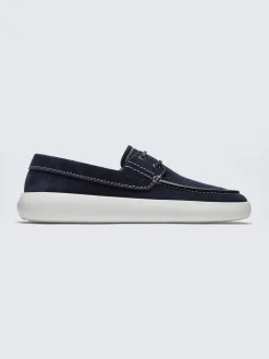 Navy blue suede boat derby shoes