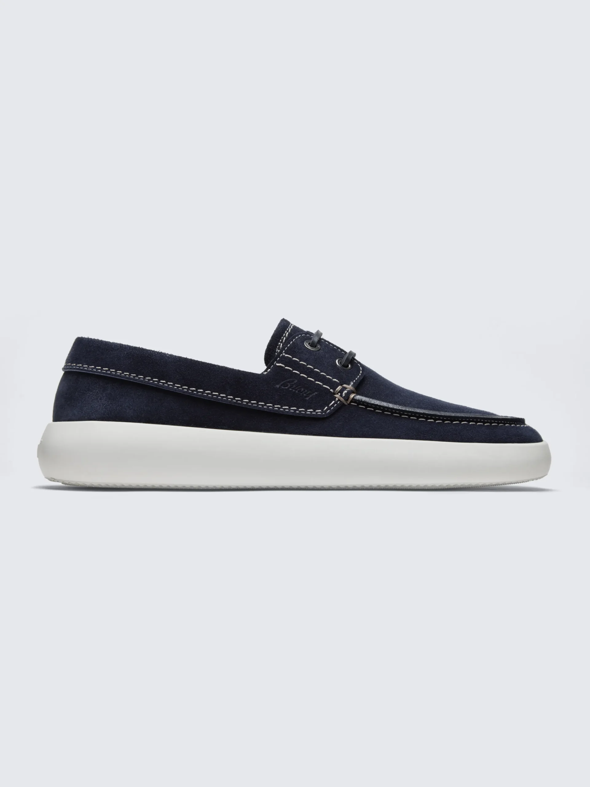 Navy blue suede boat derby shoes