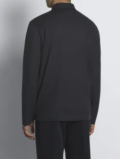 Navy blue technical wool long-sleeved polo