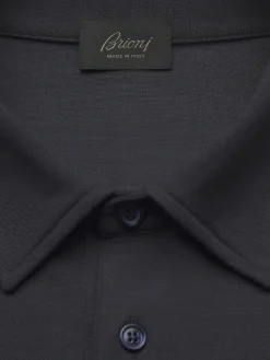Navy blue technical wool long-sleeved polo