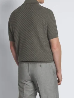 Olive green cotton, silk and cashmere Trama weave polo