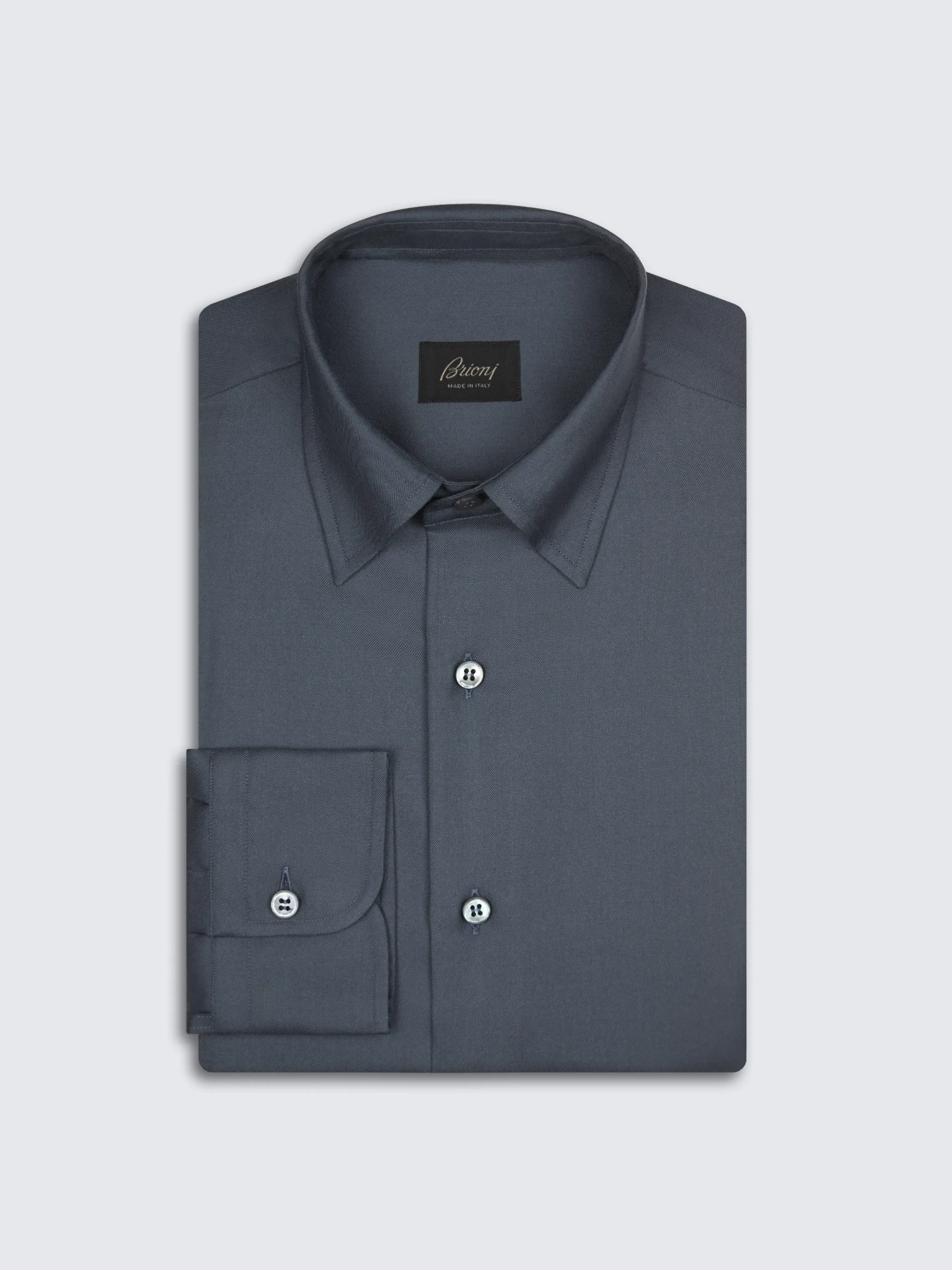 Petroleum blue cashmere and sillk twill hidden button-down shirt
