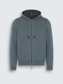 Petroleum blue cashmere, silk and cotton reversible hoodie