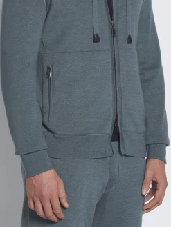 Petroleum blue cashmere, silk and cotton reversible hoodie