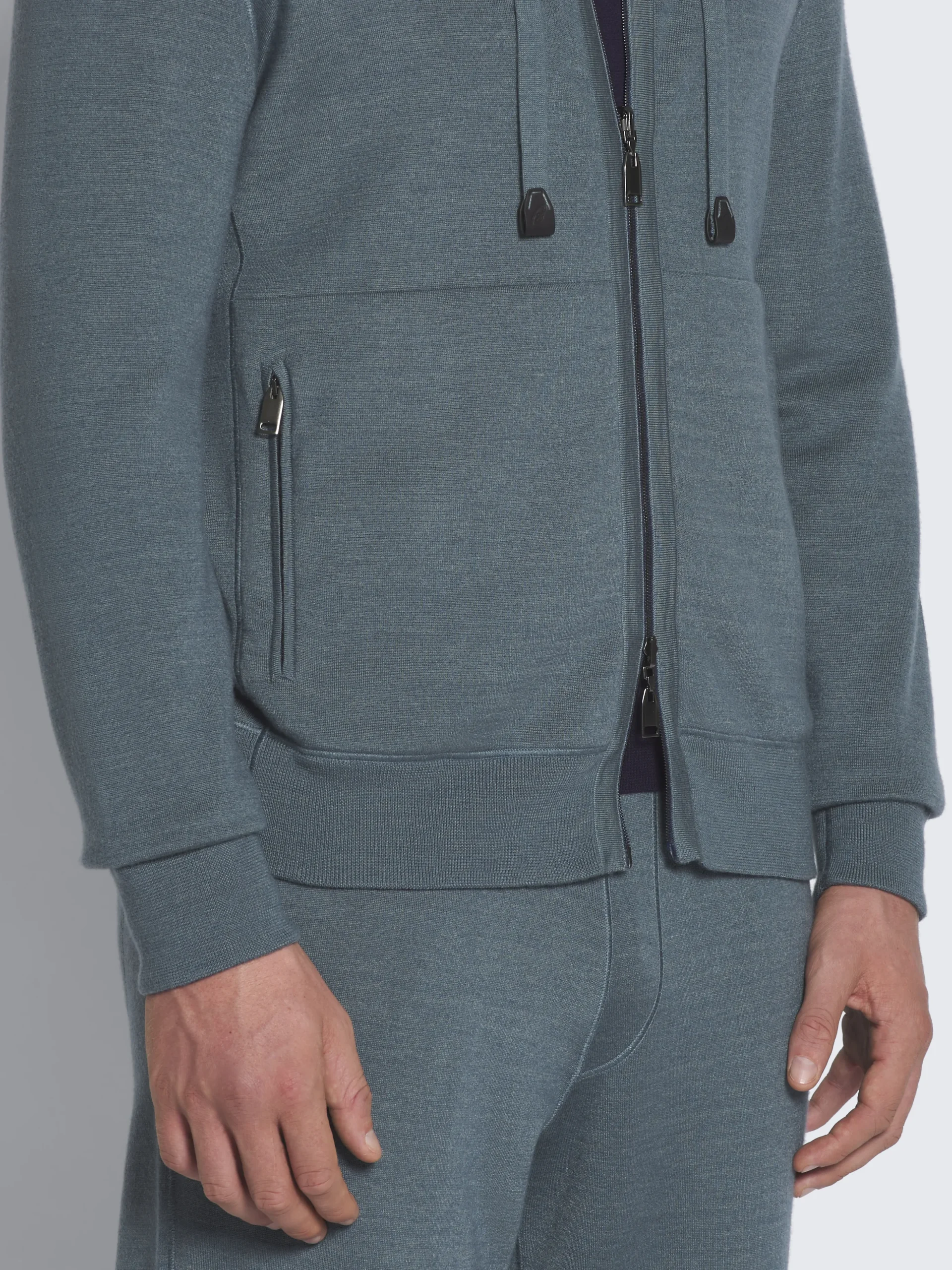 Petroleum blue cashmere, silk and cotton reversible hoodie