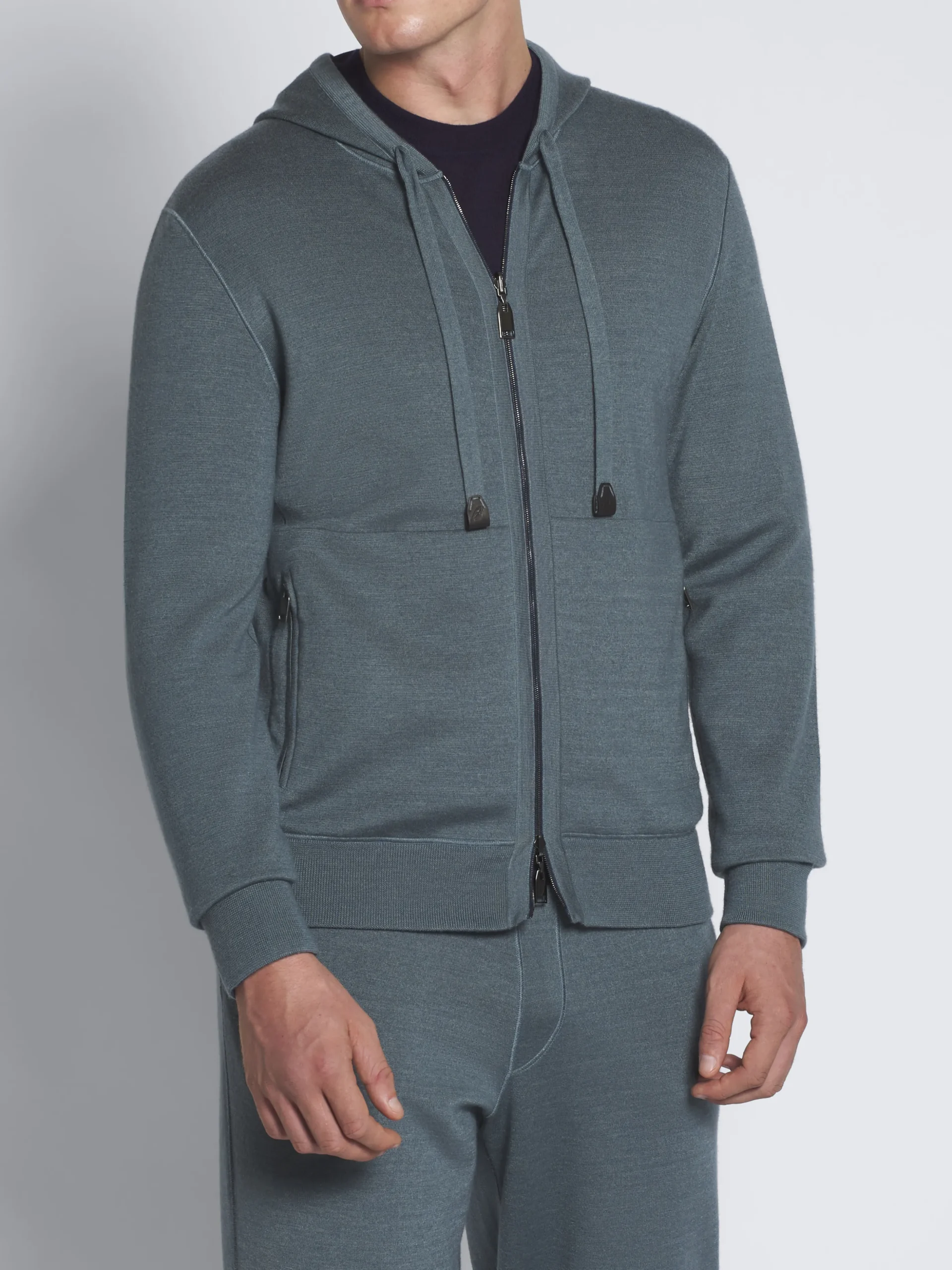 Petroleum blue cashmere, silk and cotton reversible hoodie