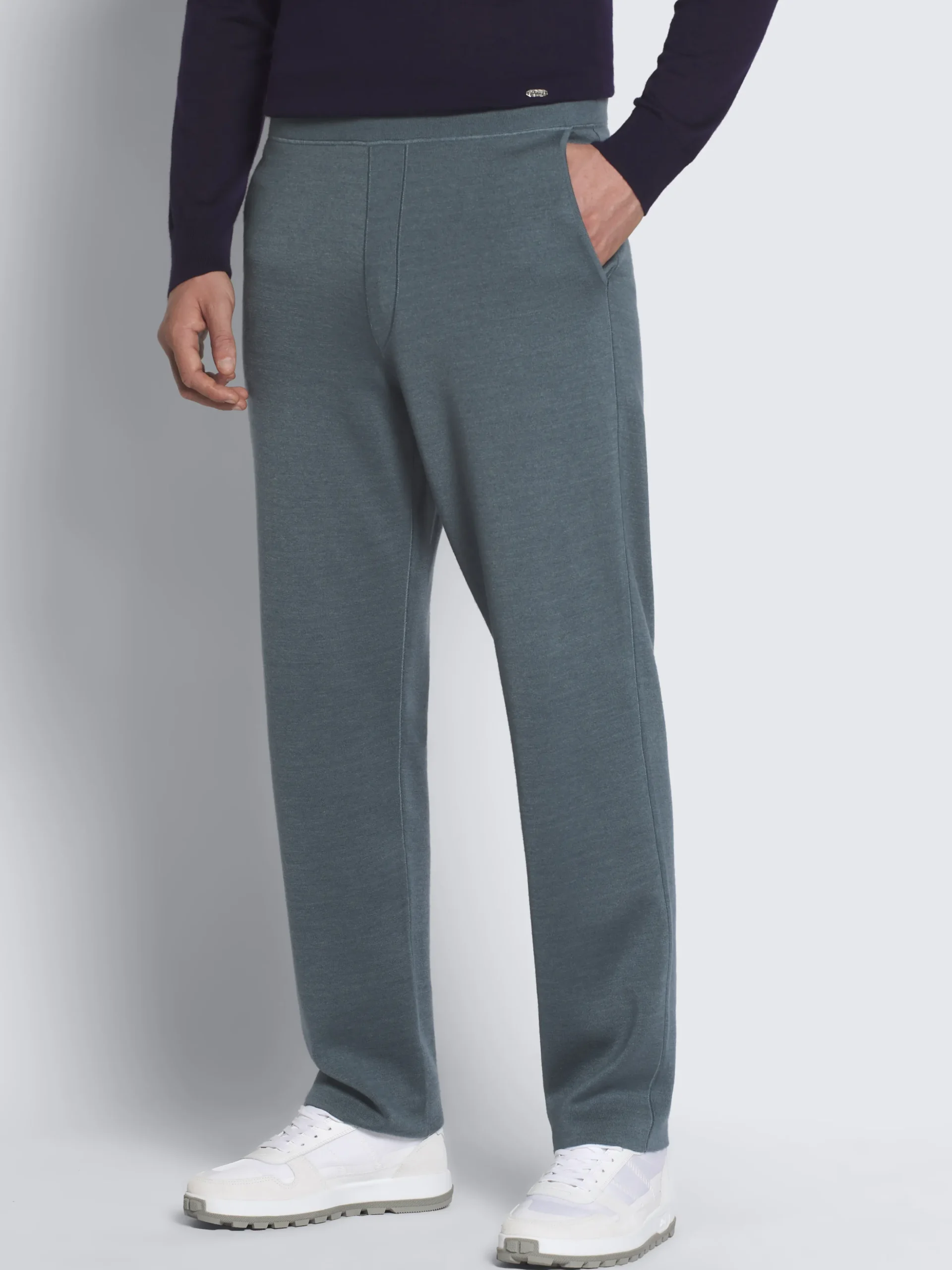 Petroleum blue cotton, cashmere and silk knitted trousers
