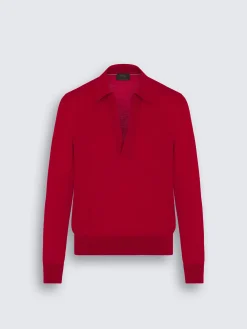 Red cashmere and silk long-sleeved polo