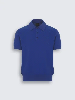 Royal and navy blue cotton, silk and cashmere Trama weave polo