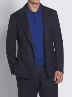 Royal and navy blue cotton, silk and cashmere Trama weave polo