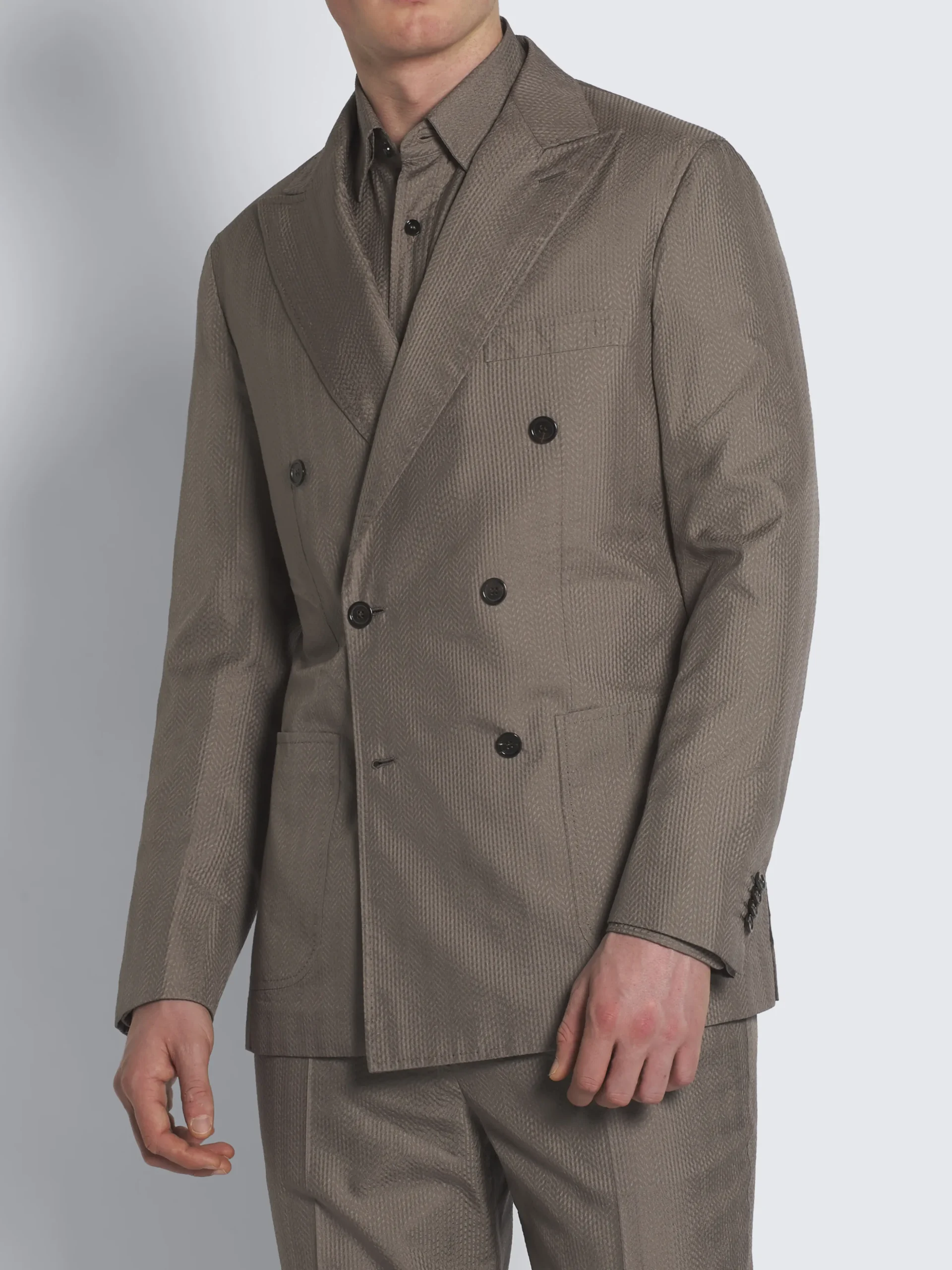 Taupe silk seersucker double-breasted Soffio jacket