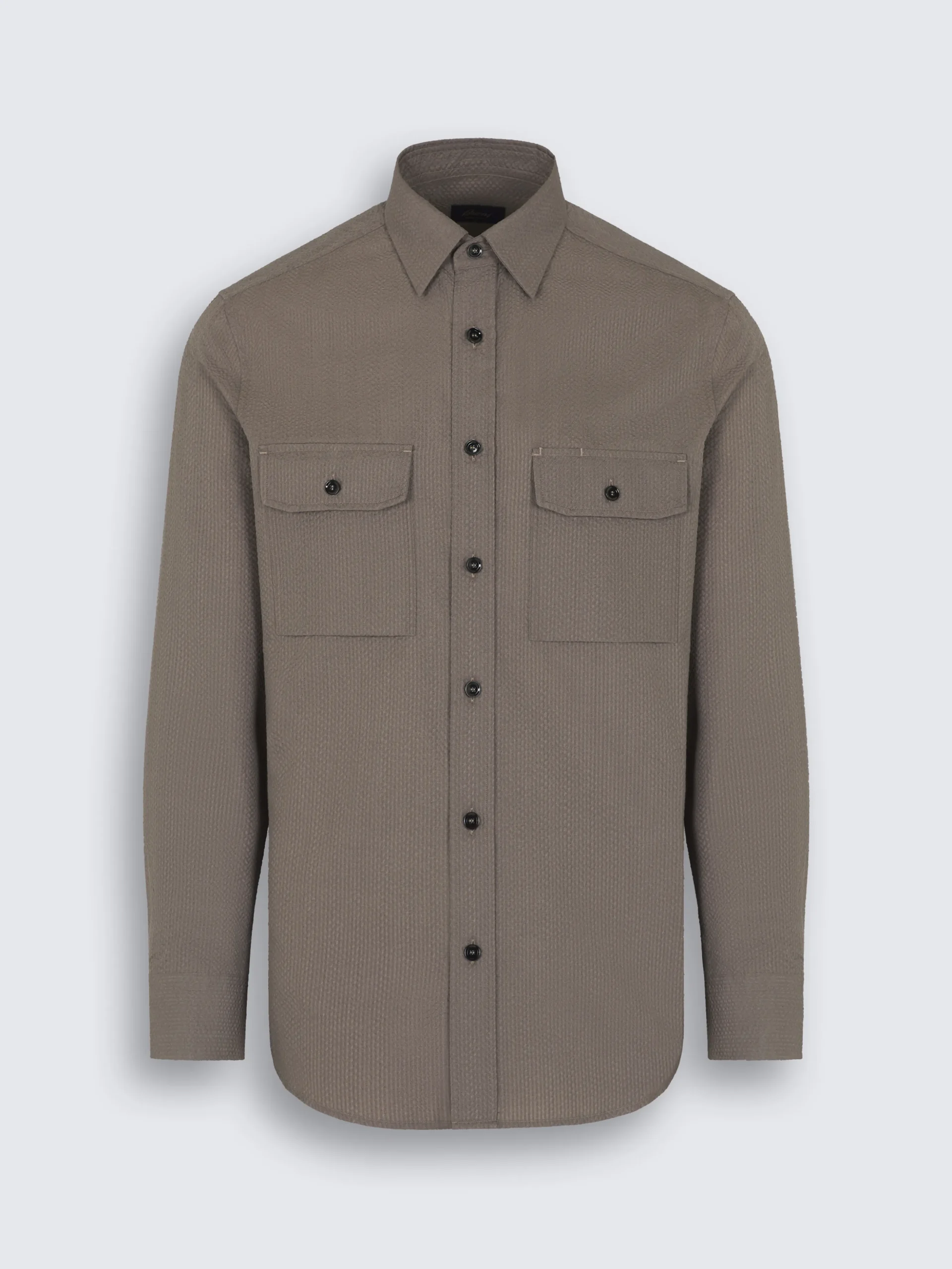 Taupe silk seersucker militry shirt